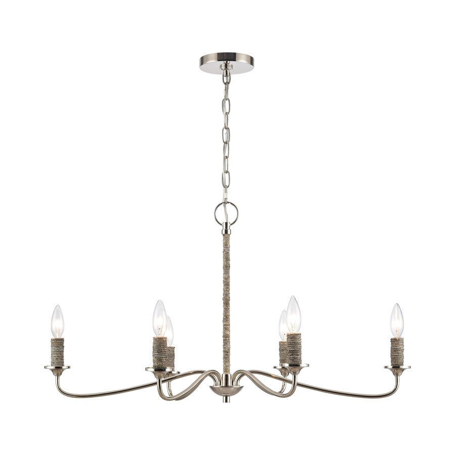 Atlas Lighting Abaca 32in 6-Light Chandelier | Transitional Polished Nickel and Natural Abaca Rope | Dining Room & Living Room | Model CL11047-NK
