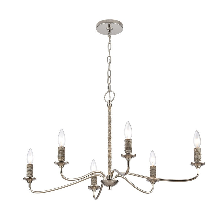 Atlas Lighting Abaca 32in 6-Light Chandelier | Transitional Polished Nickel and Natural Abaca Rope | Dining Room & Living Room | Model CL11047-NK