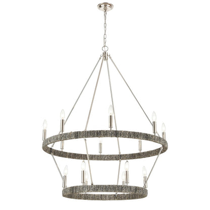 Atlas Lighting Abaca 36in 14-Light Chandelier | Transitional Polished Nickel and Gray Abaca Rope | Dining Room & Living Room | Model CL11050-NK