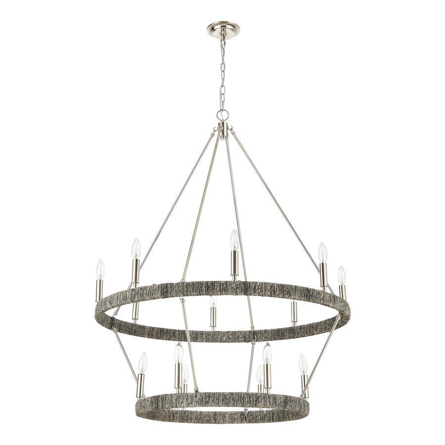 Atlas Lighting Abaca 36in 14-Light Chandelier | Transitional Polished Nickel and Gray Abaca Rope | Dining Room & Living Room | Model CL11050-NK