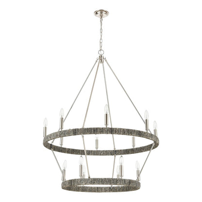 Atlas Lighting Abaca 36in 14-Light Chandelier | Transitional Polished Nickel and Gray Abaca Rope | Dining Room & Living Room | Model CL11050-NK