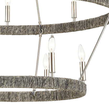 Atlas Lighting Abaca 36in 14-Light Chandelier | Transitional Polished Nickel and Gray Abaca Rope | Dining Room & Living Room | Model CL11050-NK