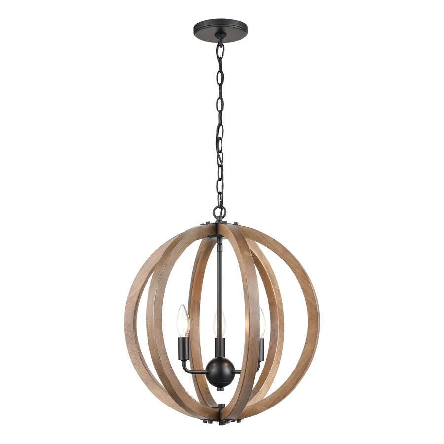Atlas Lighting Barrow 18in 3-Light Chandelier | Transitional Matte Black and Birchwood | Dining Room & Kitchen Island | Model CL11075-NA