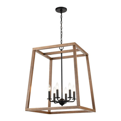 Atlas Lighting Barrow 26in 6-Light Chandelier | Transitional Matte Black and Birchwood | Dining Room & Living Room | Model CL11076-NA