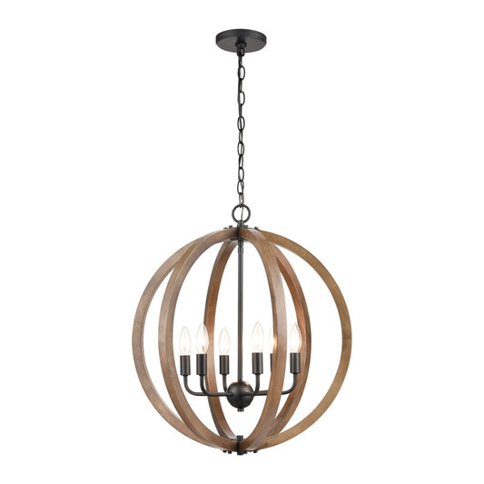 Atlas Lighting Barrow 22in 6-Light Chandelier | Transitional Matte Black and Birchwood | Dining Room & Kitchen Island | Model CL11077-NA