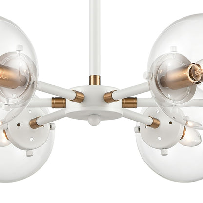 Atlas Lighting Boudreaux 28in 6-Light Chandelier | Mid-Century Matte White and Satin Brass with Clear Glass | Kitchen Island | Model CL11088-WH