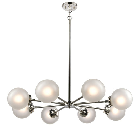 Atlas Lighting Boudreaux 36in 8-Light Chandelier | Mid-Century Polished Nickel with Frosted White Glass | Kitchen Island & Dining | Model CL11090-NK