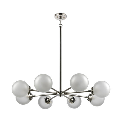 Atlas Lighting Boudreaux 36in 8-Light Chandelier | Mid-Century Polished Nickel with Frosted White Glass | Kitchen Island & Dining | Model CL11090-NK