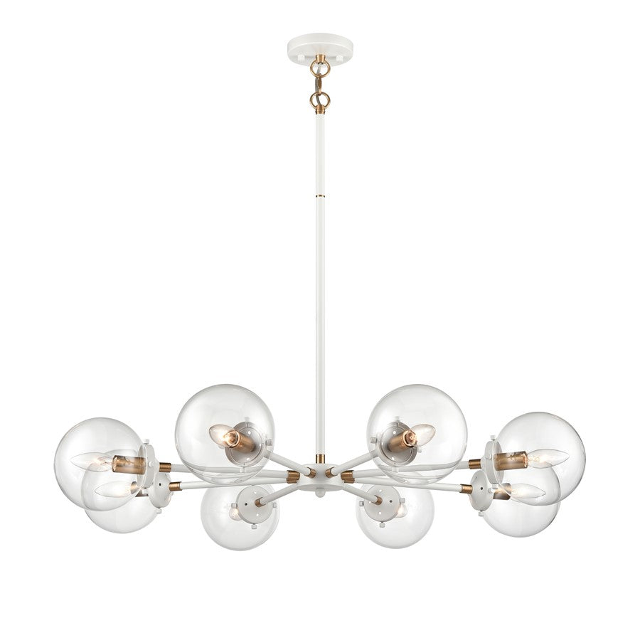 Atlas Lighting Boudreaux 36in 8-Light Chandelier | Mid-Century Matte White and Satin Brass with Clear Glass | Kitchen Island | Model CL11090-WH