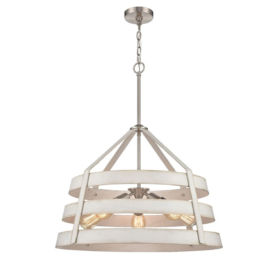 Atlas Lighting Brigantine 24in 5-Light Chandelier | Transitional Weathered White and Satin Nickel Metal Shade | Kitchen Island | Model CL11094-WH
