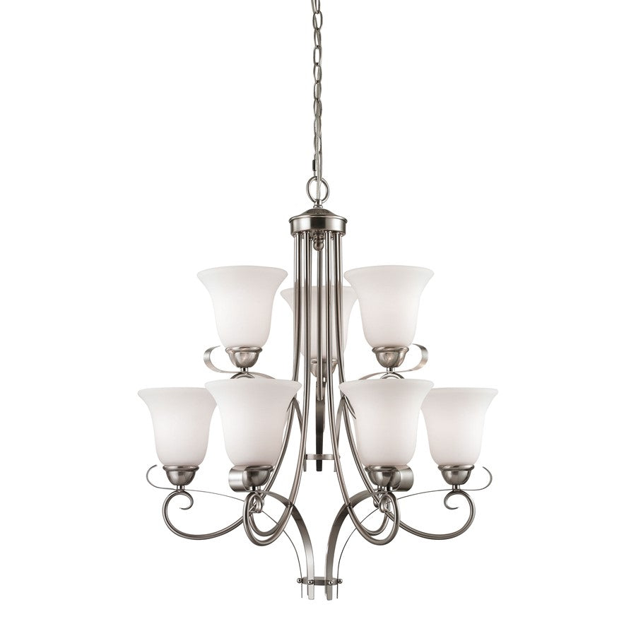 Atlas Lighting Brighton 25in 9-Light Chandelier | Traditional Brushed Nickel and White Frosted Glass | Dining Room & Living Room | Model CL11096-NK