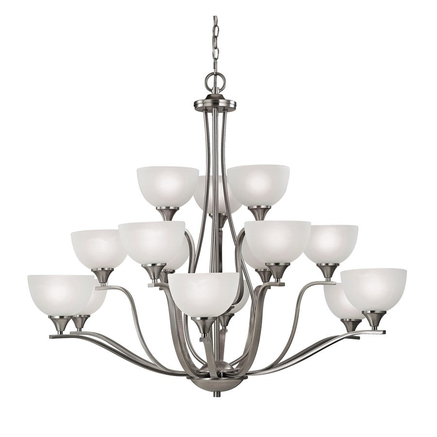 Atlas Lighting Bristol Lane 45in 15-Light Chandelier | Transitional Brushed Nickel and White Glass | Dining Room & Living Room | Model CL11098-NK