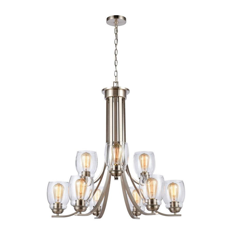 Atlas Lighting Calistoga 30in 9-Light Chandelier | Transitional Brushed Nickel and Clear Glass | Dining Room & Living Room | Model CL11108-NK
