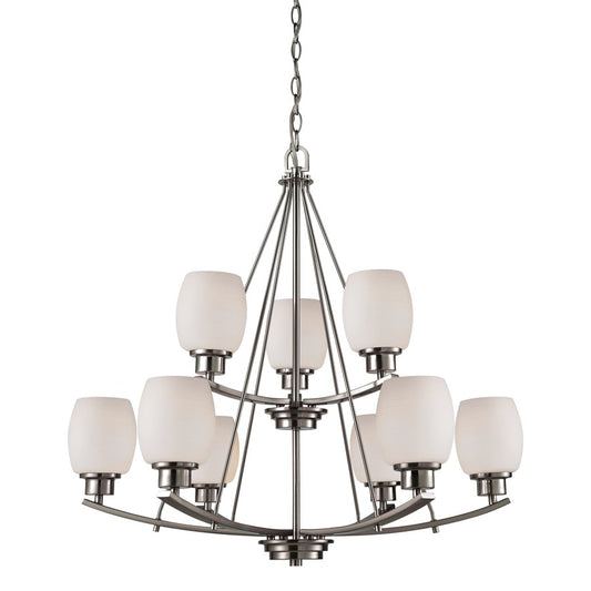 Atlas Lighting Casual Mission 29in 9-Light Chandelier | Transitional Brushed Nickel and White Alabaster Glass | Dining Room | Model CL11118-NK