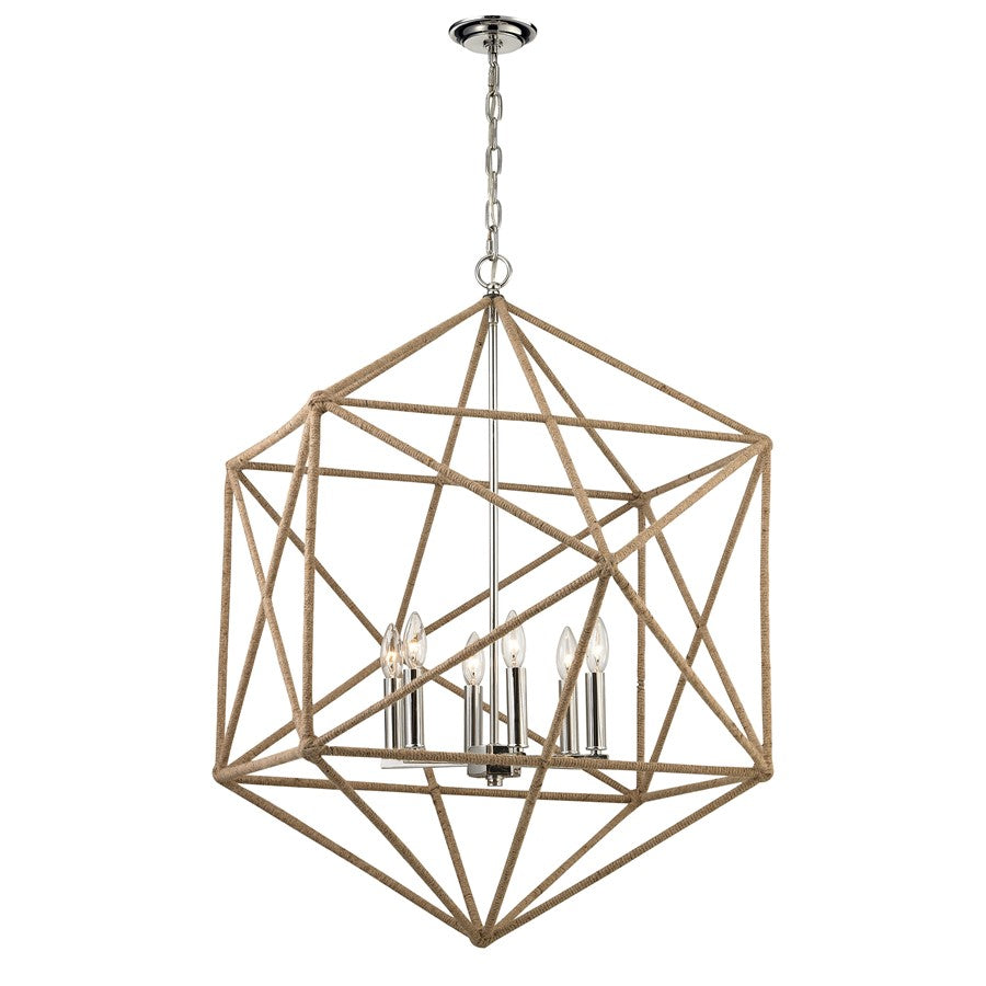 Atlas Lighting Exitor 34in 6-Light Chandelier | Modern Polished Nickel and Natural Rope | Dining Room & Living Room | Model CL11166-NK