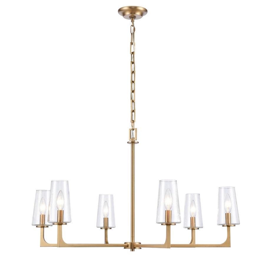 Atlas Lighting Fitzroy 34in 6-Light Chandelier | Transitional Lacquered Brass and Clear Glass | Kitchen Island & Dining Room | Model CL11173-BS