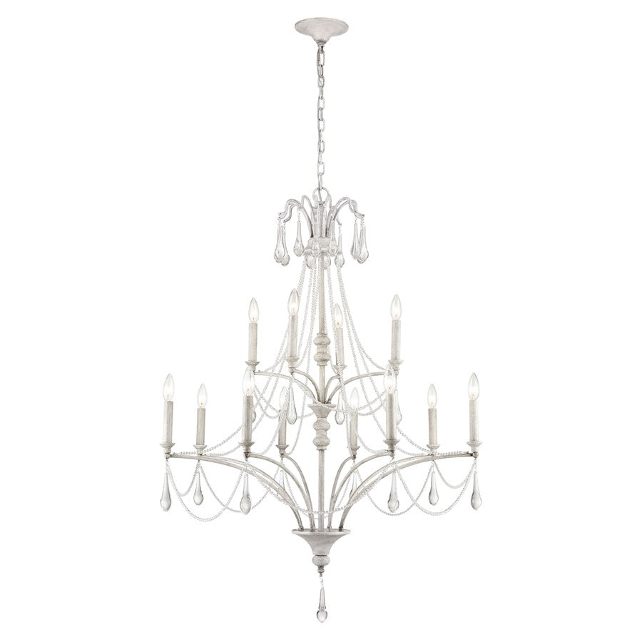 Atlas Lighting French Parlor 36in 12-Light Chandelier | Traditional Vintage White and Clear Crystal Glass | Dining Room & Living | Model CL11186-WH