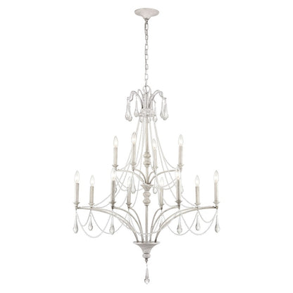 Atlas Lighting French Parlor 36in 12-Light Chandelier | Traditional Vintage White and Clear Crystal Glass | Dining Room & Living | Model CL11186-WH