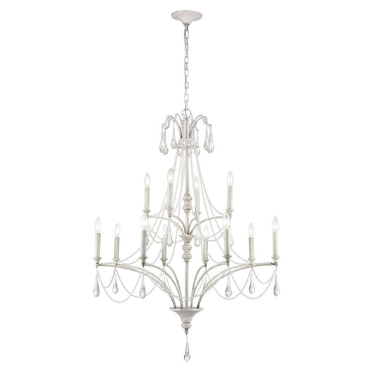Atlas Lighting French Parlor 36in 12-Light Chandelier | Traditional Vintage White and Clear Crystal Glass | Dining Room & Living | Model CL11186-WH