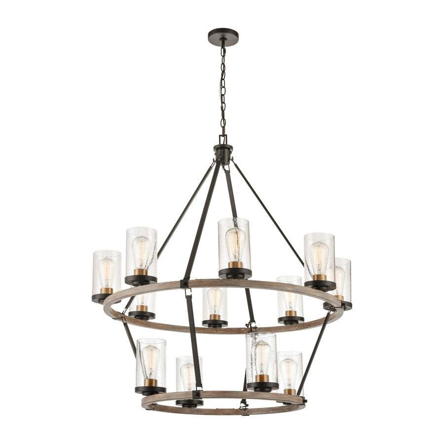 Atlas Lighting Geringer 36in 12-Light Chandelier | Transitional Charcoal Beechwood and Burnished Brass with Clear Seeded Glass | Model CL11191-BK