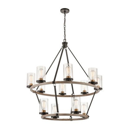 Atlas Lighting Geringer 36in 12-Light Chandelier | Transitional Charcoal Beechwood and Burnished Brass with Clear Seeded Glass | Model CL11191-BK