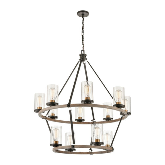 Atlas Lighting Geringer 36in 12-Light Chandelier | Transitional Charcoal Beechwood and Burnished Brass with Clear Seeded Glass | Model CL11191-BK