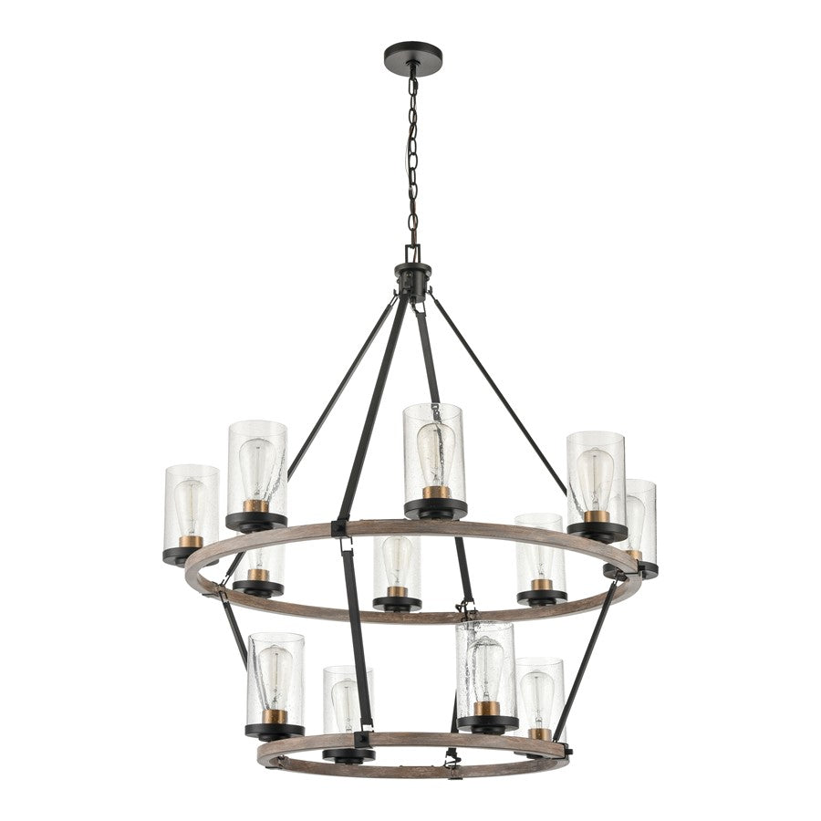 Atlas Lighting Geringer 36in 12-Light Chandelier | Transitional Charcoal Beechwood and Burnished Brass with Clear Seeded Glass | Model CL11191-BK