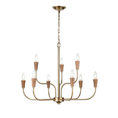 Atlas Lighting Inga 29in 9-Light Chandelier | Transitional Brass and Natural Wood | Dining Room & Living Room | 29 x 29 x 23 in | Model CL11205-BS
