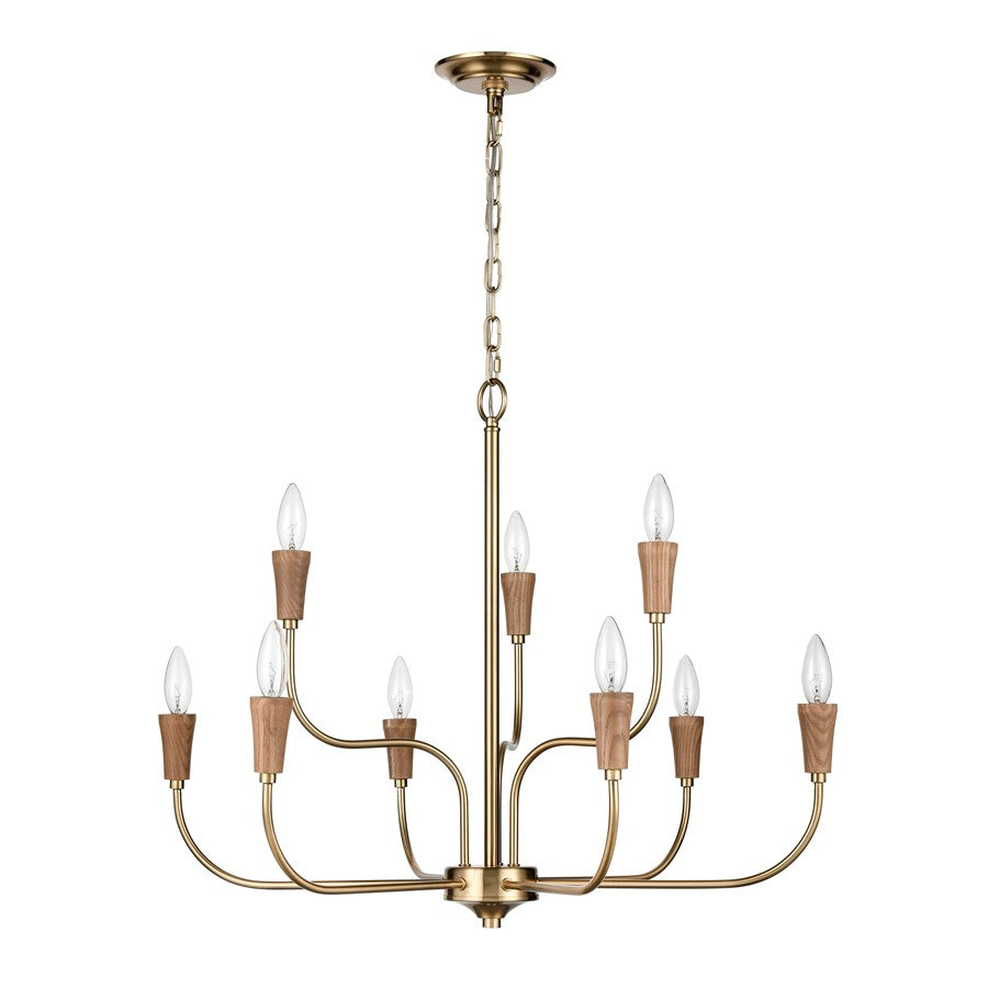 Atlas Lighting Inga 29in 9-Light Chandelier | Transitional Brass and Natural Wood | Dining Room & Living Room | 29 x 29 x 23 in | Model CL11205-BS