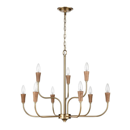Atlas Lighting Inga 29in 9-Light Chandelier | Transitional Brass and Natural Wood | Dining Room & Living Room | 29 x 29 x 23 in | Model CL11205-BS