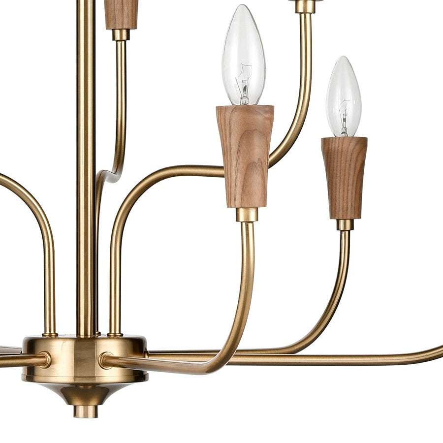 Atlas Lighting Inga 29in 9-Light Chandelier | Transitional Brass and Natural Wood | Dining Room & Living Room | 29 x 29 x 23 in | Model CL11205-BS