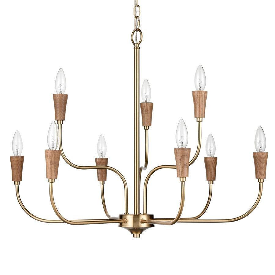 Atlas Lighting Inga 29in 9-Light Chandelier | Transitional Brass and Natural Wood | Dining Room & Living Room | 29 x 29 x 23 in | Model CL11205-BS