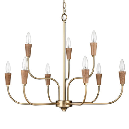 Atlas Lighting Inga 29in 9-Light Chandelier | Transitional Brass and Natural Wood | Dining Room & Living Room | 29 x 29 x 23 in | Model CL11205-BS