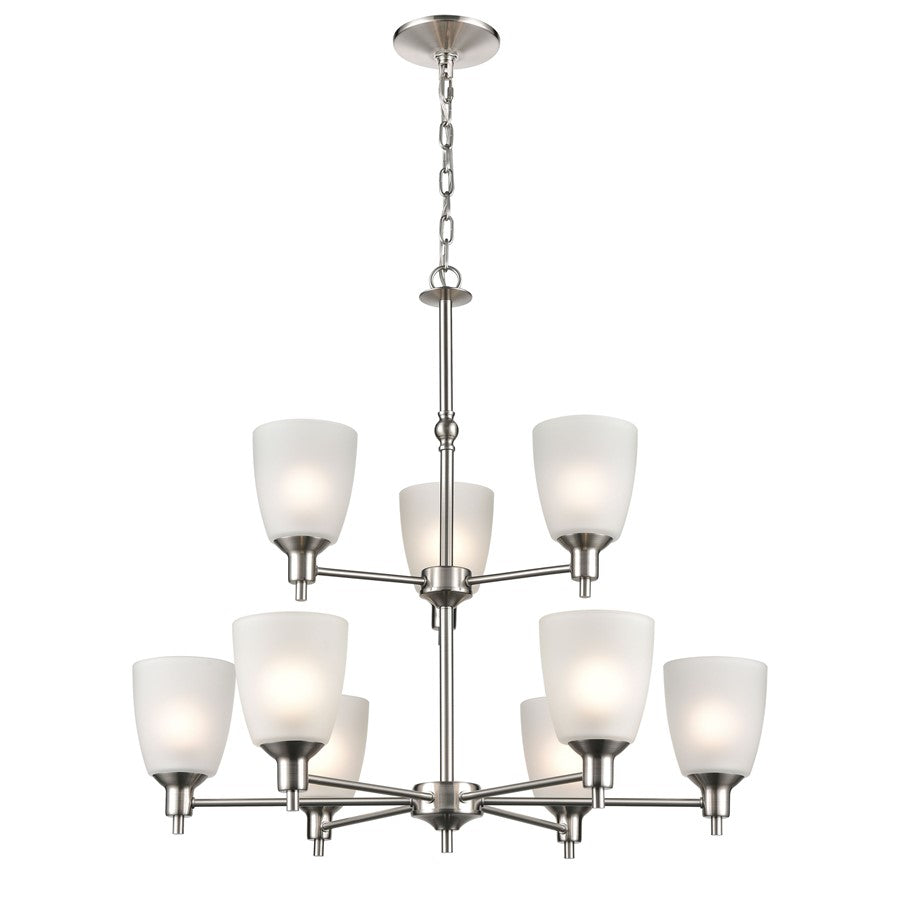 Atlas Lighting Jackson 29in 9-Light Chandelier | Transitional Brushed Nickel and White Frosted Glass | Dining Room & Living Room | Model CL11208-NK