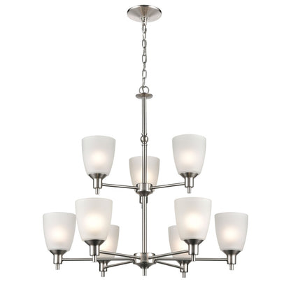 Atlas Lighting Jackson 29in 9-Light Chandelier | Transitional Brushed Nickel and White Frosted Glass | Dining Room & Living Room | Model CL11208-NK