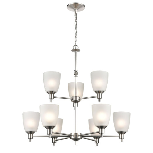 Atlas Lighting Jackson 29in 9-Light Chandelier | Transitional Brushed Nickel and White Frosted Glass | Dining Room & Living Room | Model CL11208-NK