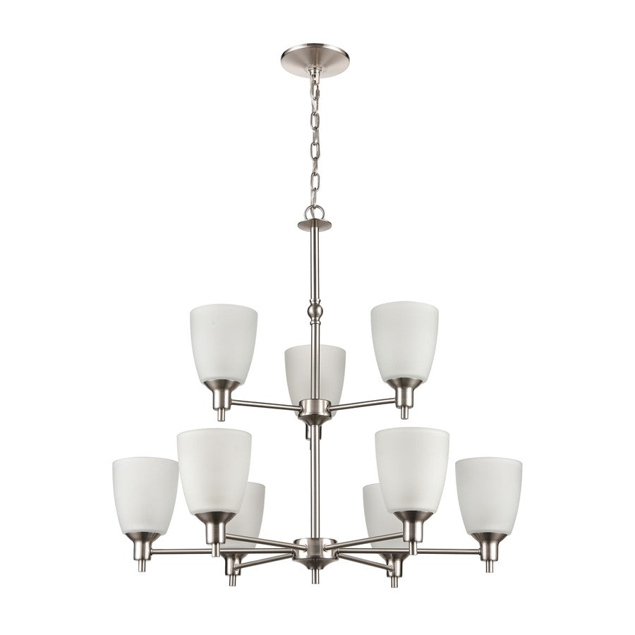 Atlas Lighting Jackson 29in 9-Light Chandelier | Transitional Brushed Nickel and White Frosted Glass | Dining Room & Living Room | Model CL11208-NK