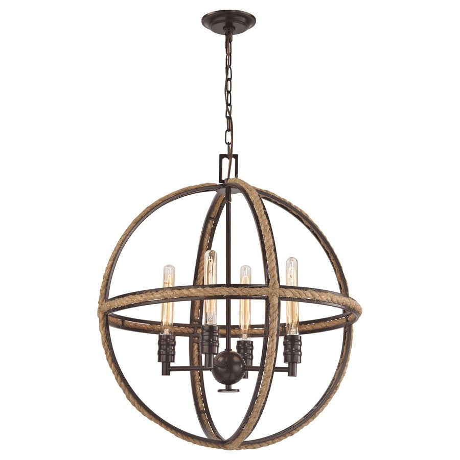 Atlas Lighting Natural Rope 24in 4-Light Chandelier | Transitional Oil Rubbed Bronze and Natural Rope | Dining Room & Living Room | Model CL11266-BZ