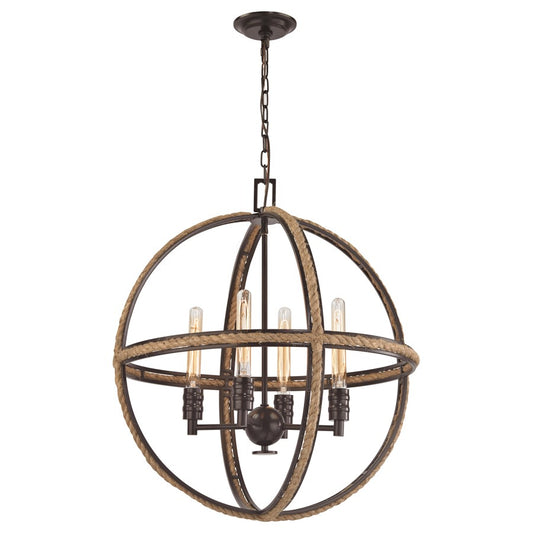Atlas Lighting Natural Rope 24in 4-Light Chandelier | Transitional Oil Rubbed Bronze and Natural Rope | Dining Room & Living Room | Model CL11266-BZ