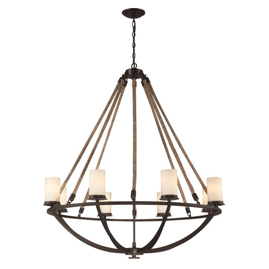 Atlas Lighting Natural Rope 41in 8-Light Chandelier | Transitional Aged Bronze and White Frosted Glass | Dining Room & Living Room | Model CL11267-BZ