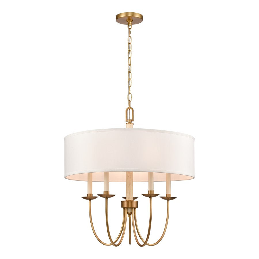 Atlas Lighting Neville 23in 5-Light Chandelier | Transitional Natural Brass and White Fabric Drum Shade | Dining Room & Living | Model CL11268-BS
