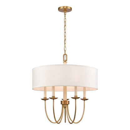 Atlas Lighting Neville 23in 5-Light Chandelier | Transitional Natural Brass and White Fabric Drum Shade | Dining Room & Living | Model CL11268-BS