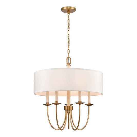 Atlas Lighting Neville 23in 5-Light Chandelier | Transitional Natural Brass and White Fabric Drum Shade | Dining Room & Living | Model CL11268-BS