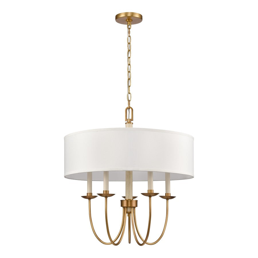 Atlas Lighting Neville 23in 5-Light Chandelier | Transitional Natural Brass and White Fabric Drum Shade | Dining Room & Living | Model CL11268-BS