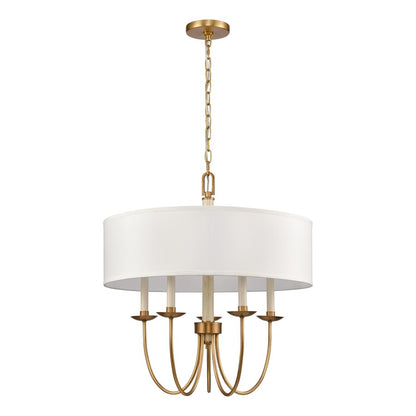 Atlas Lighting Neville 23in 5-Light Chandelier | Transitional Natural Brass and White Fabric Drum Shade | Dining Room & Living | Model CL11268-BS