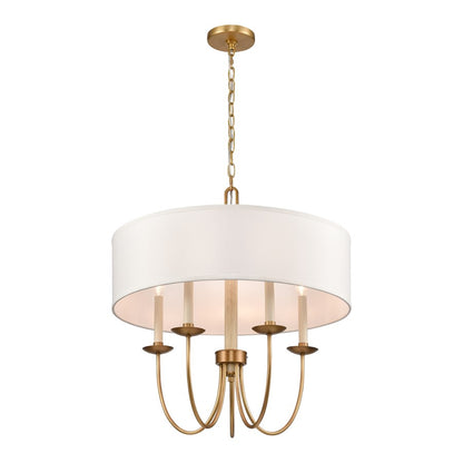 Atlas Lighting Neville 23in 5-Light Chandelier | Transitional Natural Brass and White Fabric Drum Shade | Dining Room & Living | Model CL11268-BS