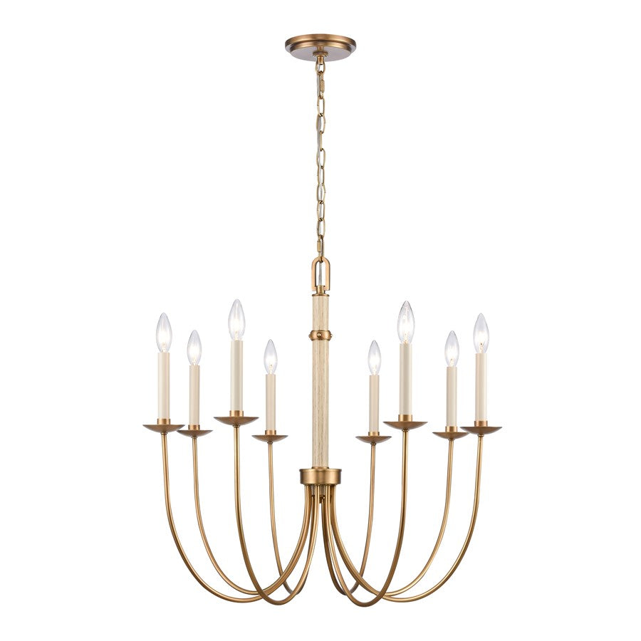 Atlas Lighting Neville 28in 8-Light Chandelier | Transitional Natural Brass and Bleached White Wood | Dining Room & Living Room | Model CL11269-BS