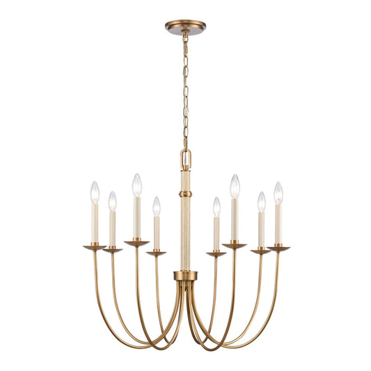 Atlas Lighting Neville 28in 8-Light Chandelier | Transitional Natural Brass and Bleached White Wood | Dining Room & Living Room | Model CL11269-BS