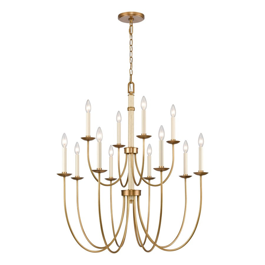 Atlas Lighting Neville 34in 12-Light Chandelier | Transitional Natural Brass and Bleached White Wood | Dining Room & Living Room | Model CL11270-BS
