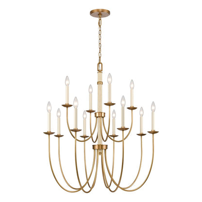 Atlas Lighting Neville 34in 12-Light Chandelier | Transitional Natural Brass and Bleached White Wood | Dining Room & Living Room | Model CL11270-BS